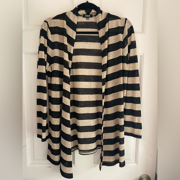 Premise Sweaters - Premise Studio Black and Tan/Beige Striped Lightweight Open Cardigan‎ Large/L E